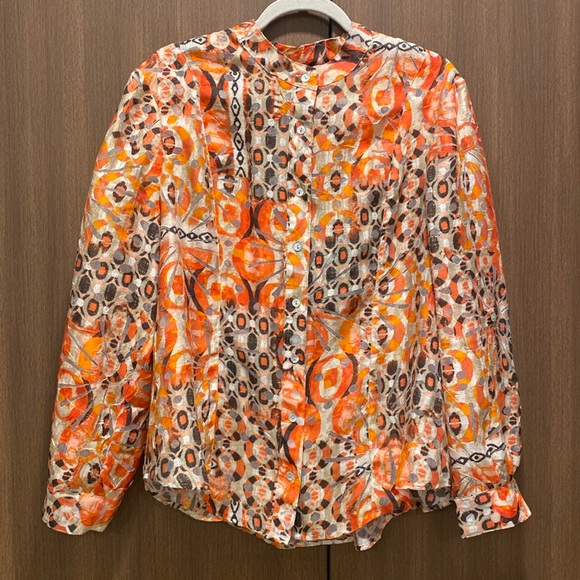 Ruby Rd. Orange Abstract Button Down Top Size 14 Mesh Detail Smocked Back Waist - Picture 3 of 16